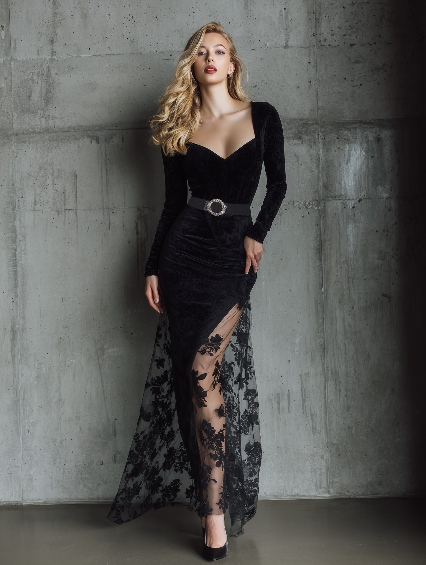 Elegant Party Black Velvet Slit Patchwork Lace Maxi Dress