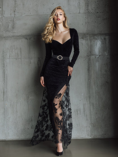 Elegant Party Black Velvet Slit Patchwork Lace Maxi Dress