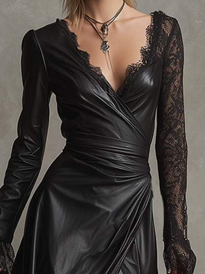 Delicate Lace-sleeved Black Faux Leather Maxi Dress
