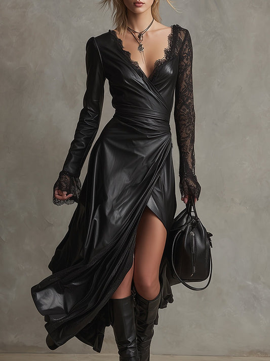 Delicate Lace-sleeved Black Faux Leather Maxi Dress