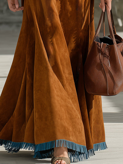 Western Brown Faux Suede Patchwork Tassel Maxi Dress