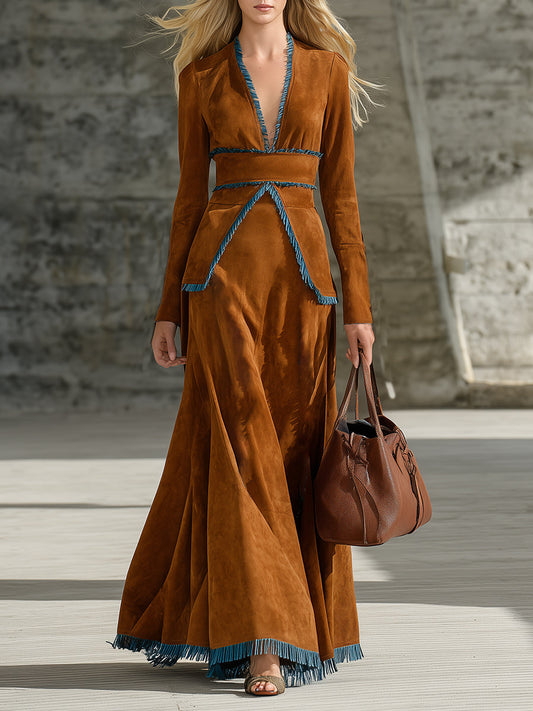 Western Brown Faux Suede Patchwork Tassel Maxi Dress