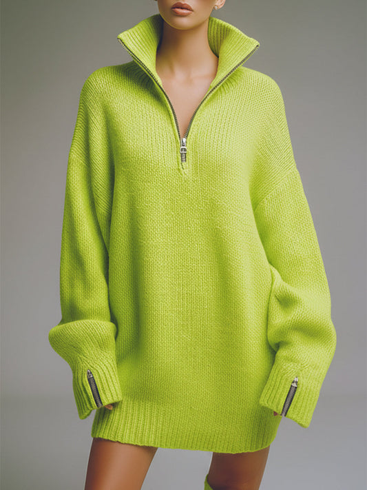 Casual Loose-fitting Green Knitted Mini Dress