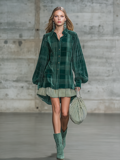 Retro Classic Plaid Print Velvet Mini Dress