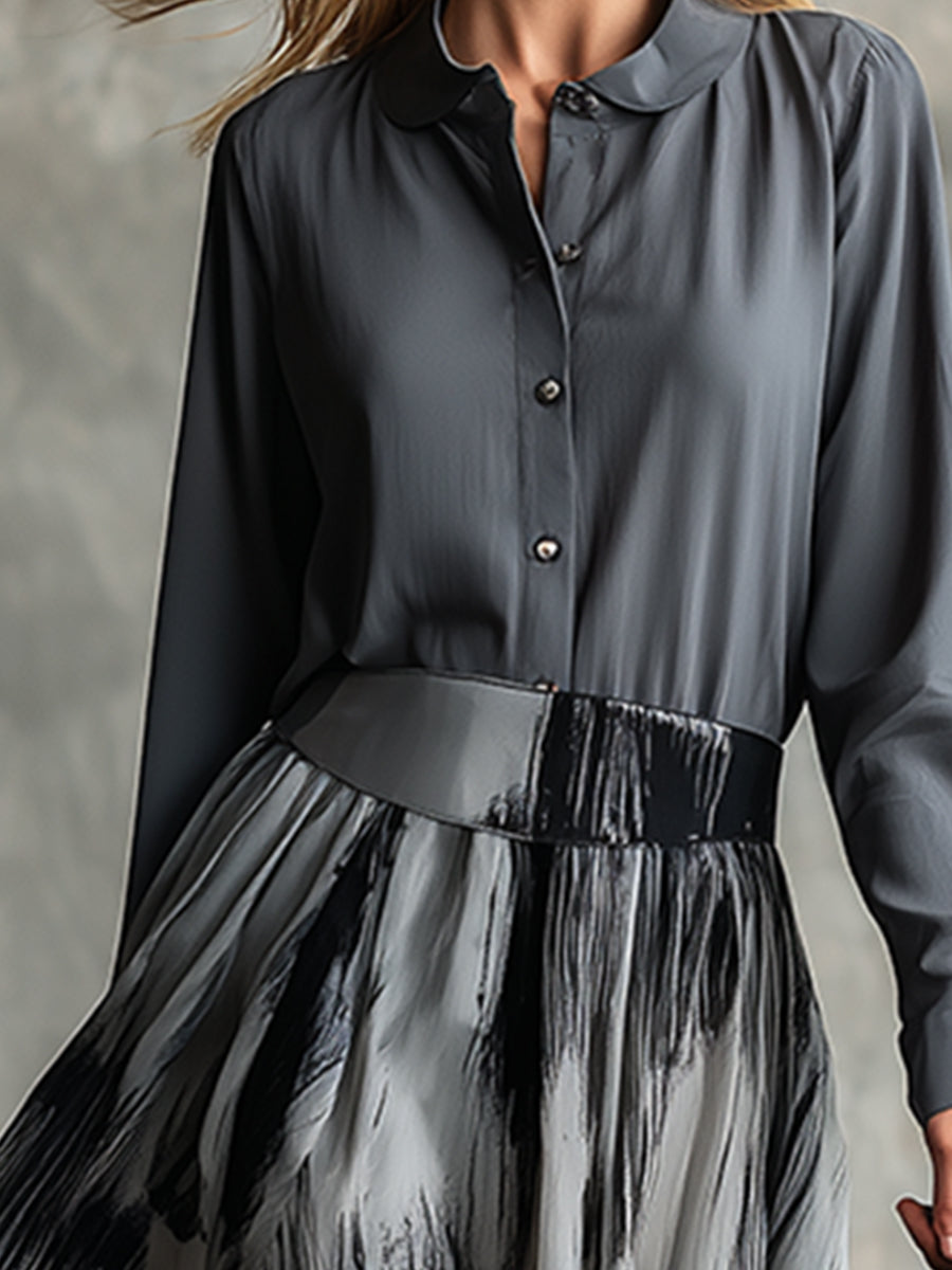 Artist Grey Cotton Patchwork Chiffon Printed Maxi Dress