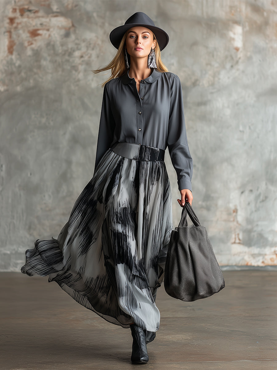 Artist Grey Cotton Patchwork Chiffon Printed Maxi Dress