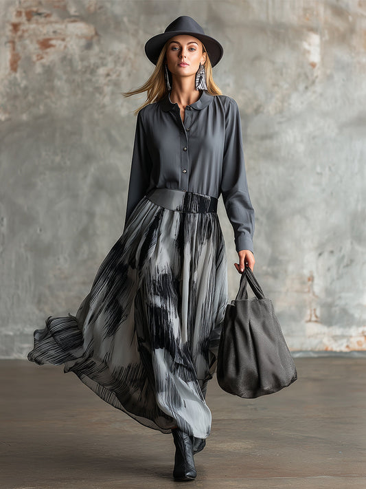 Artist Grey Cotton Patchwork Chiffon Printed Maxi Dress