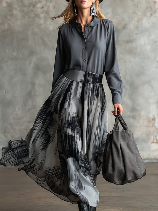 Artist Grey Cotton Patchwork Chiffon Printed Maxi Dress