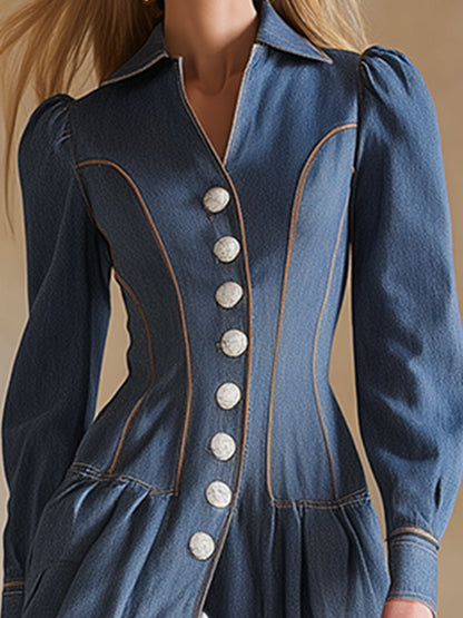 Retro-chic Color-blocked Topstitching Blue Denim Maxi Dress