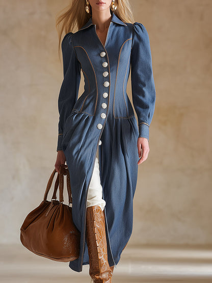 Retro-chic Color-blocked Topstitching Blue Denim Maxi Dress