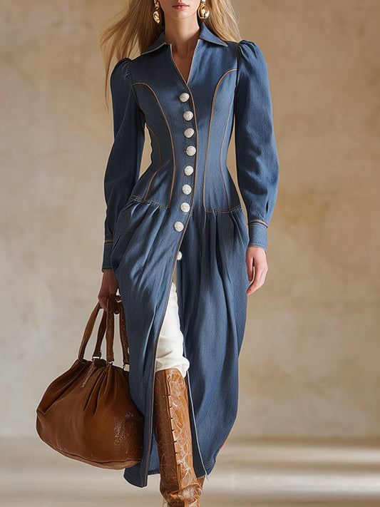 Retro-chic Color-blocked Topstitching Blue Denim Maxi Dress