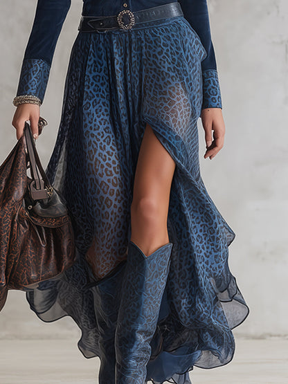 Retro Ethnic Style Blue Faux Suede Patchwork Leopard Print Chiffon Maxi Dress