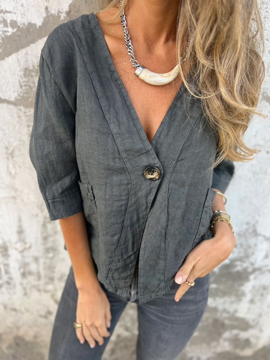 Loose Button Up V Neck Top - WOOLX