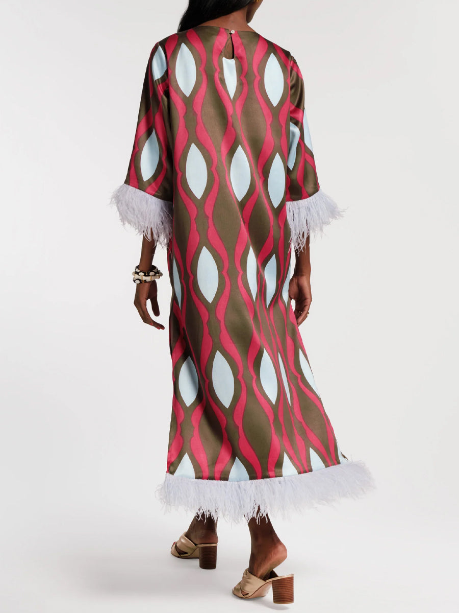 Geometric Print Faux-feather Cuff Maxi Dress - WOOLX