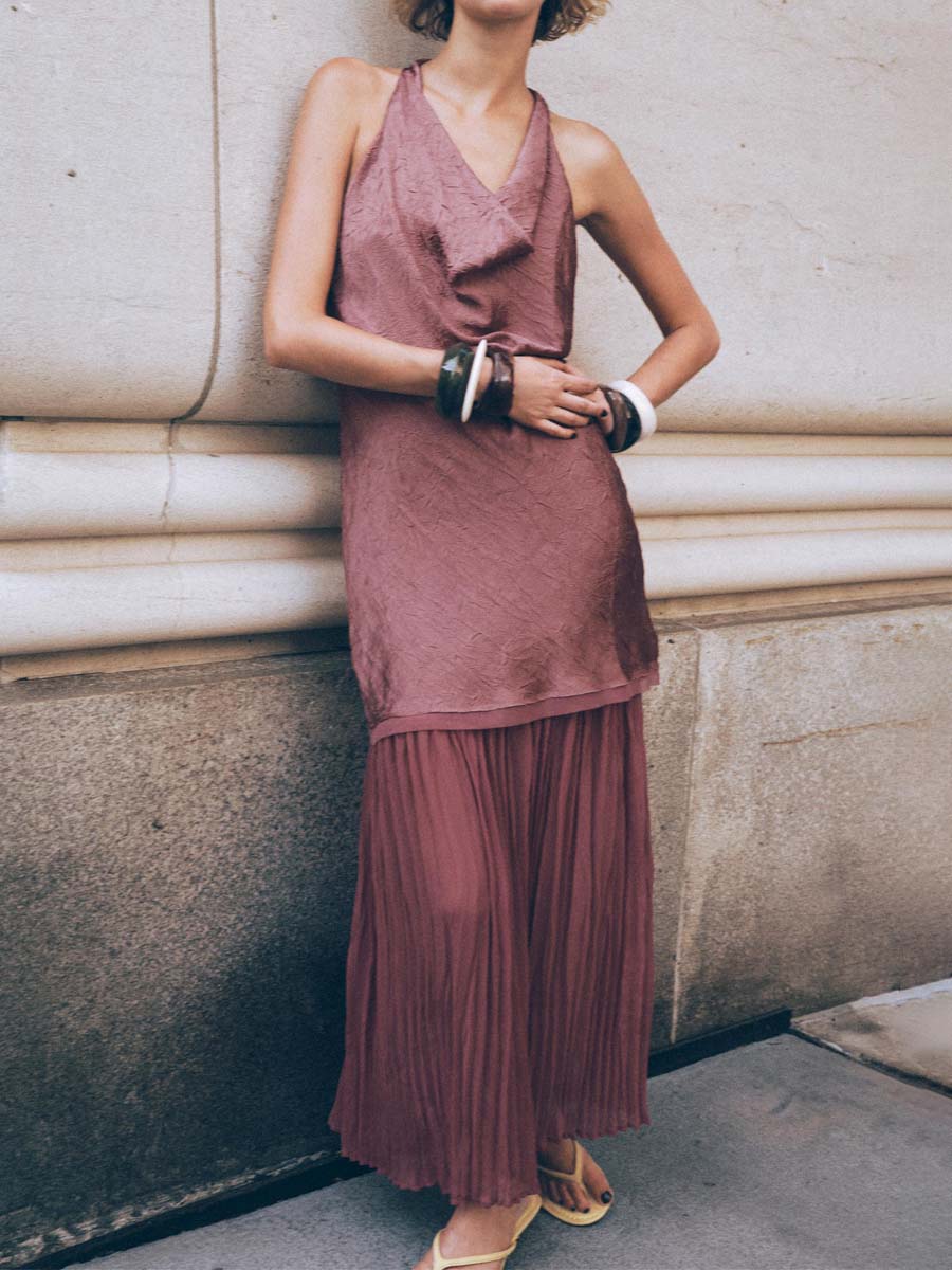 Elegant Sleeveless Patchwork Pleated Hem Dress - WOOLX