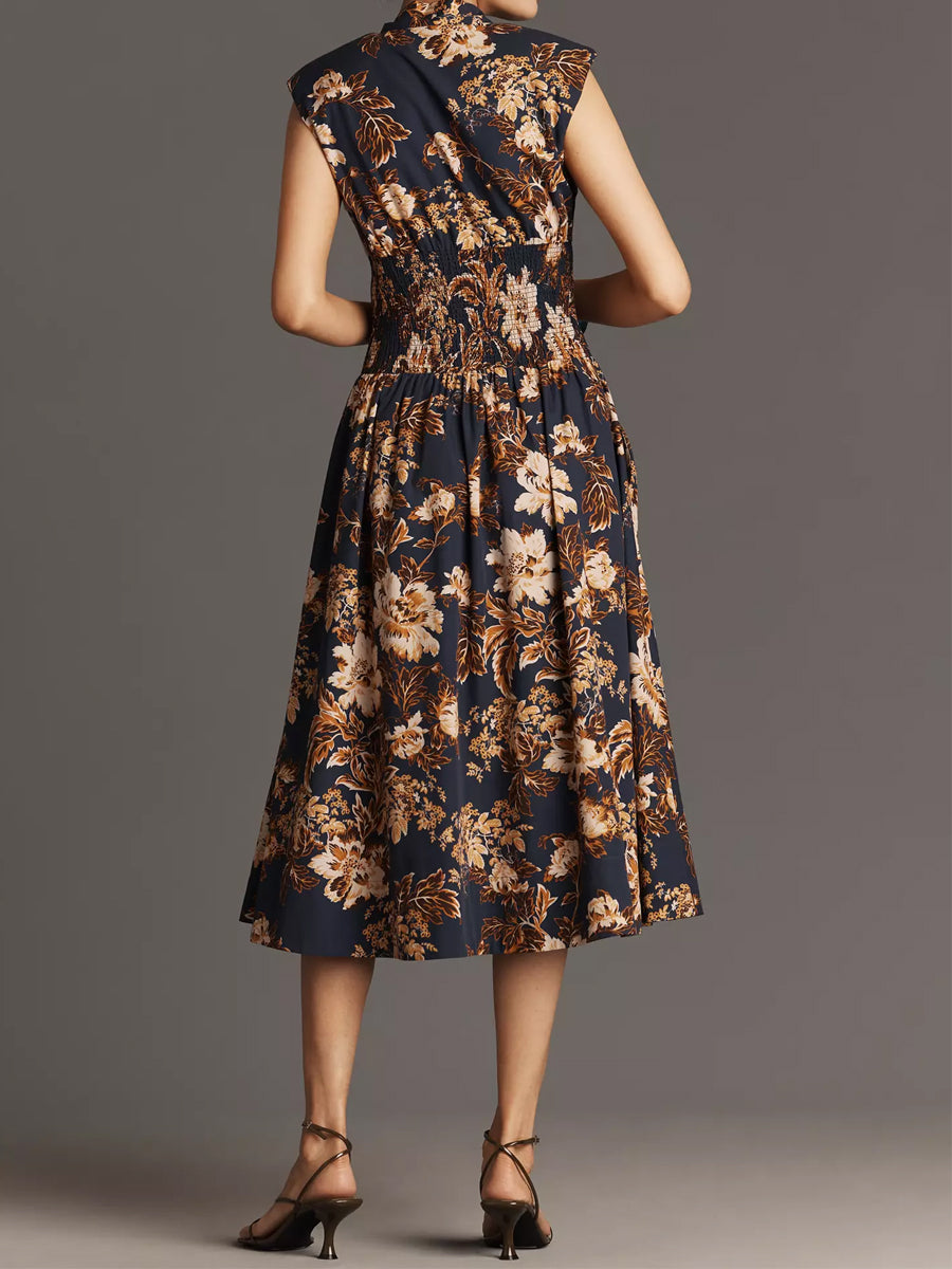 Printed V Neck Zip-Front Midi Dress - WOOLX