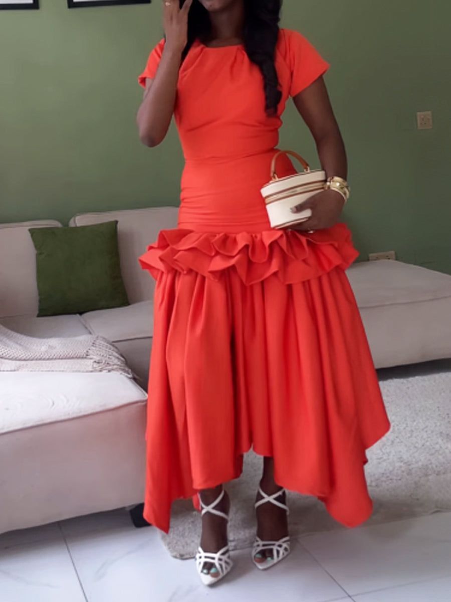 Short Sleeve Flouced Patchwork Dress - WOOLX