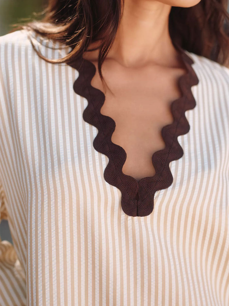 Long Bell Sleeves V-neck Patchwork Dress - WOOLX