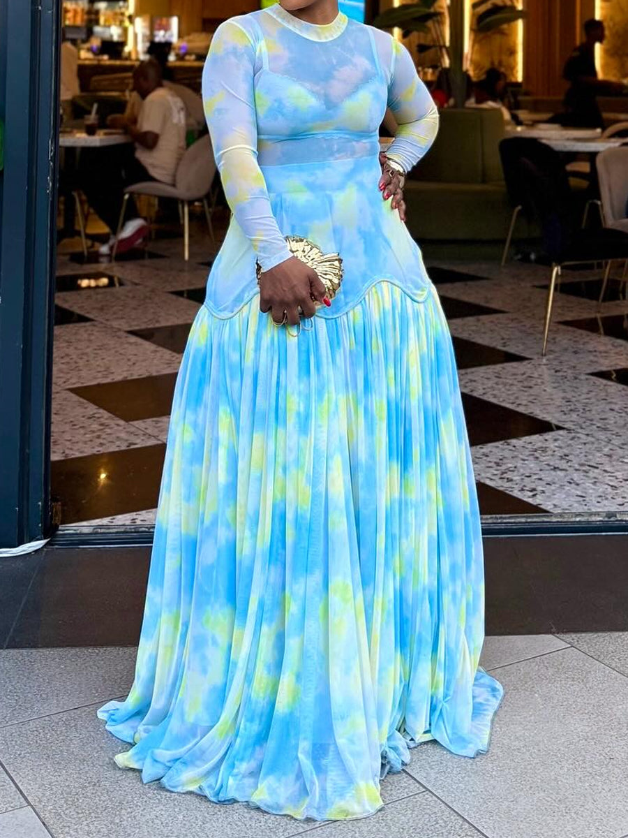 See-through Printed Patchwork Maxi Dress - WOOLX