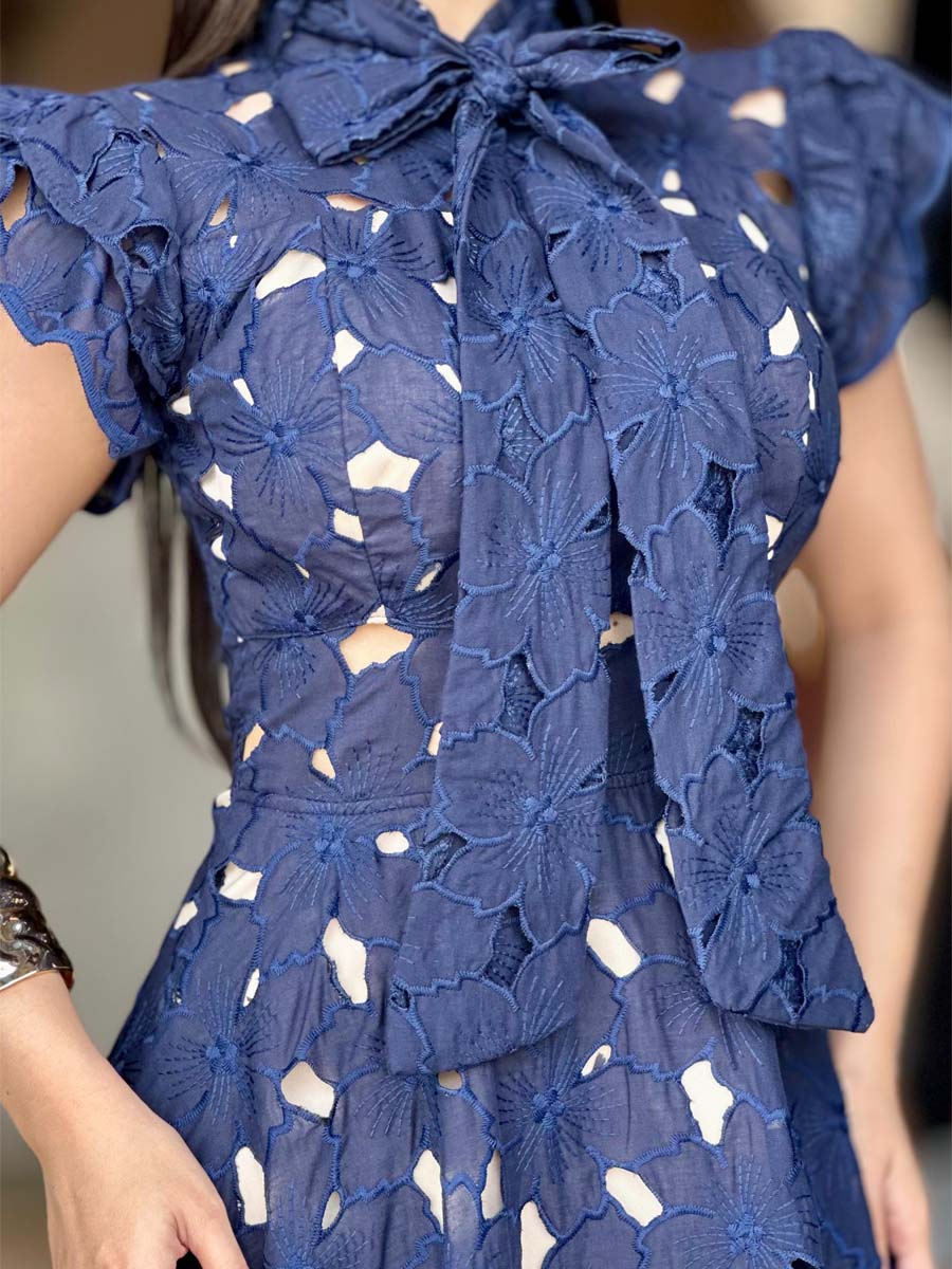 Cutout Lace Bow Elegant Dress - WOOLX