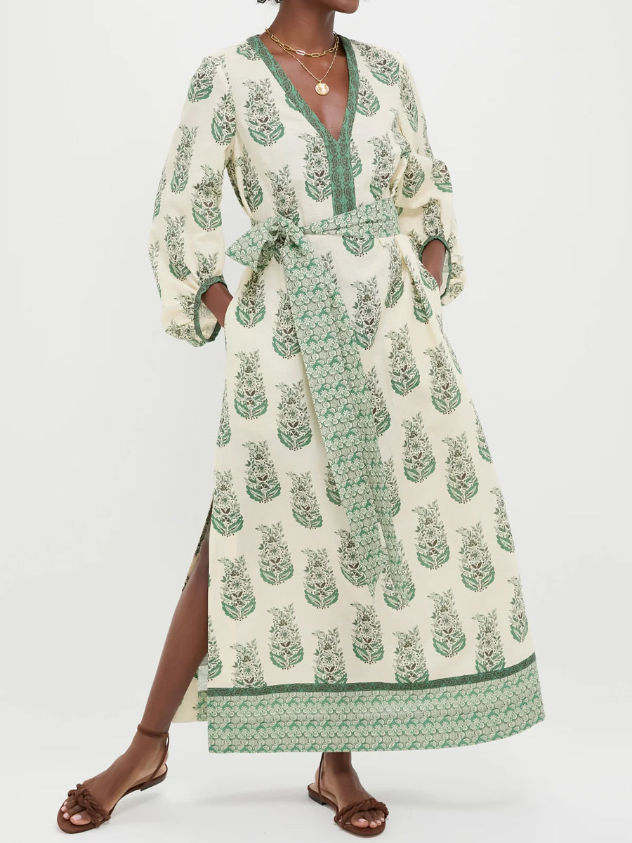 Printed V Neck Balloon Sleeves Dress - WOOLX