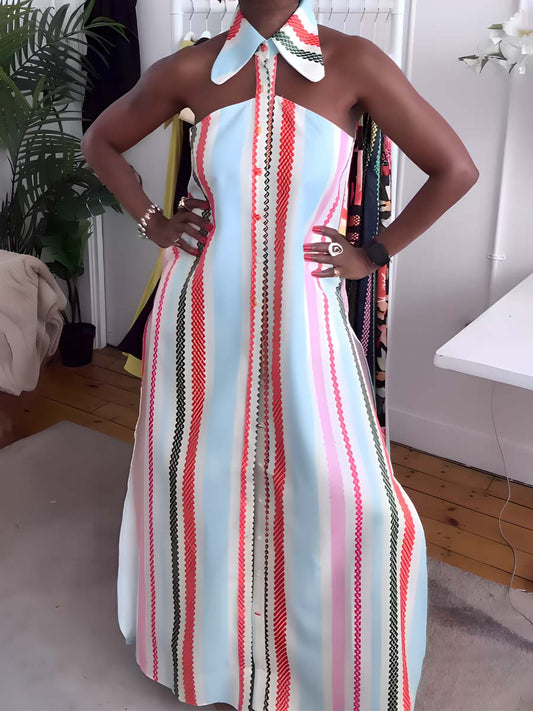 Striped Print Cold Shoulder Dress - WOOLX