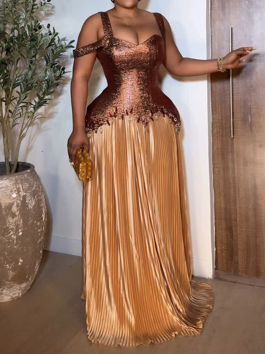 Patchwork Pleated Sling Dress - WOOLX