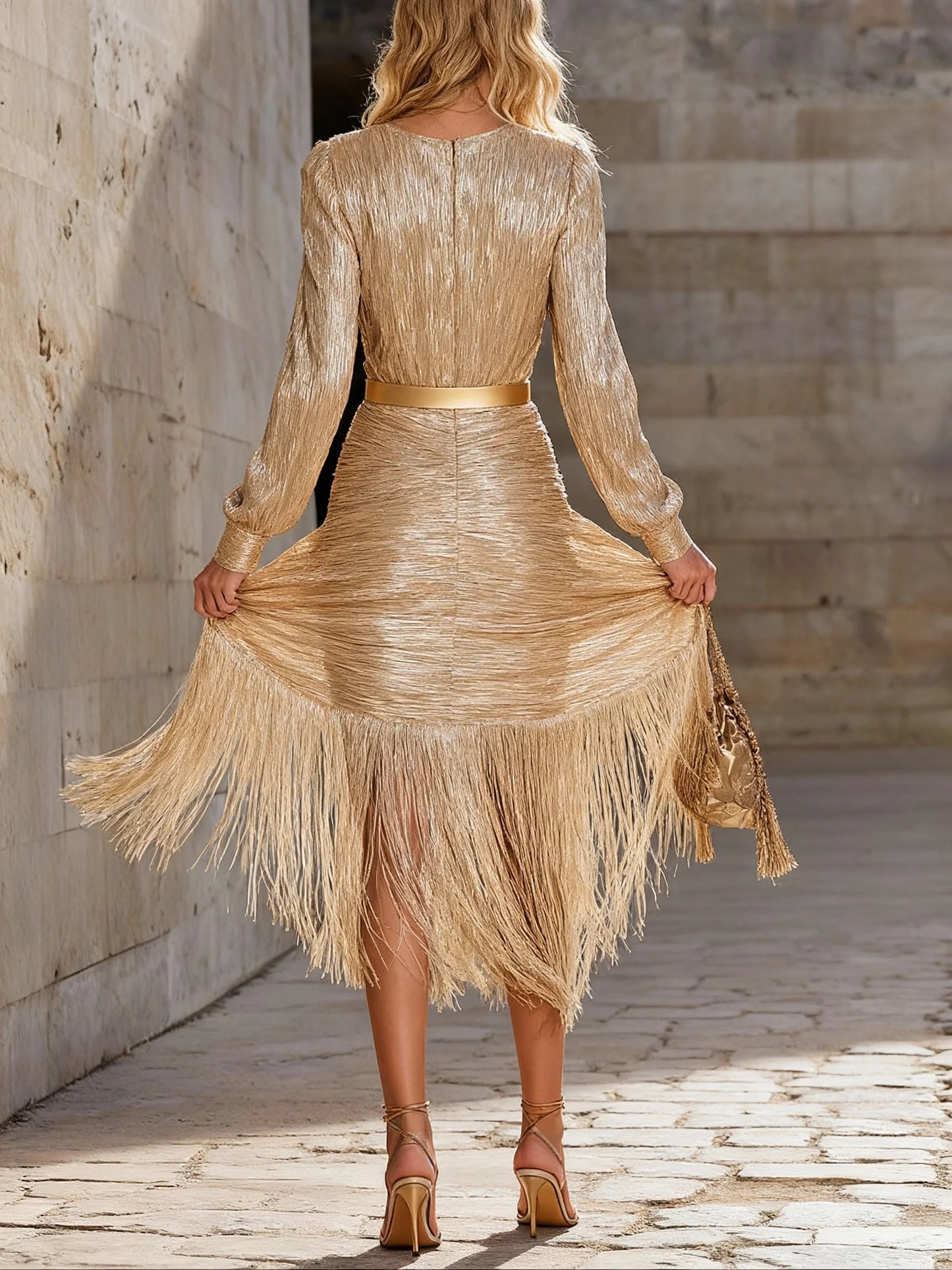 Chic And Sophisticated V-neck Tassel Champagne Shimmering Maxi Dress