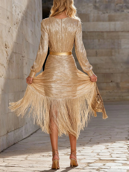 Chic And Sophisticated V-neck Tassel Champagne Shimmering Maxi Dress