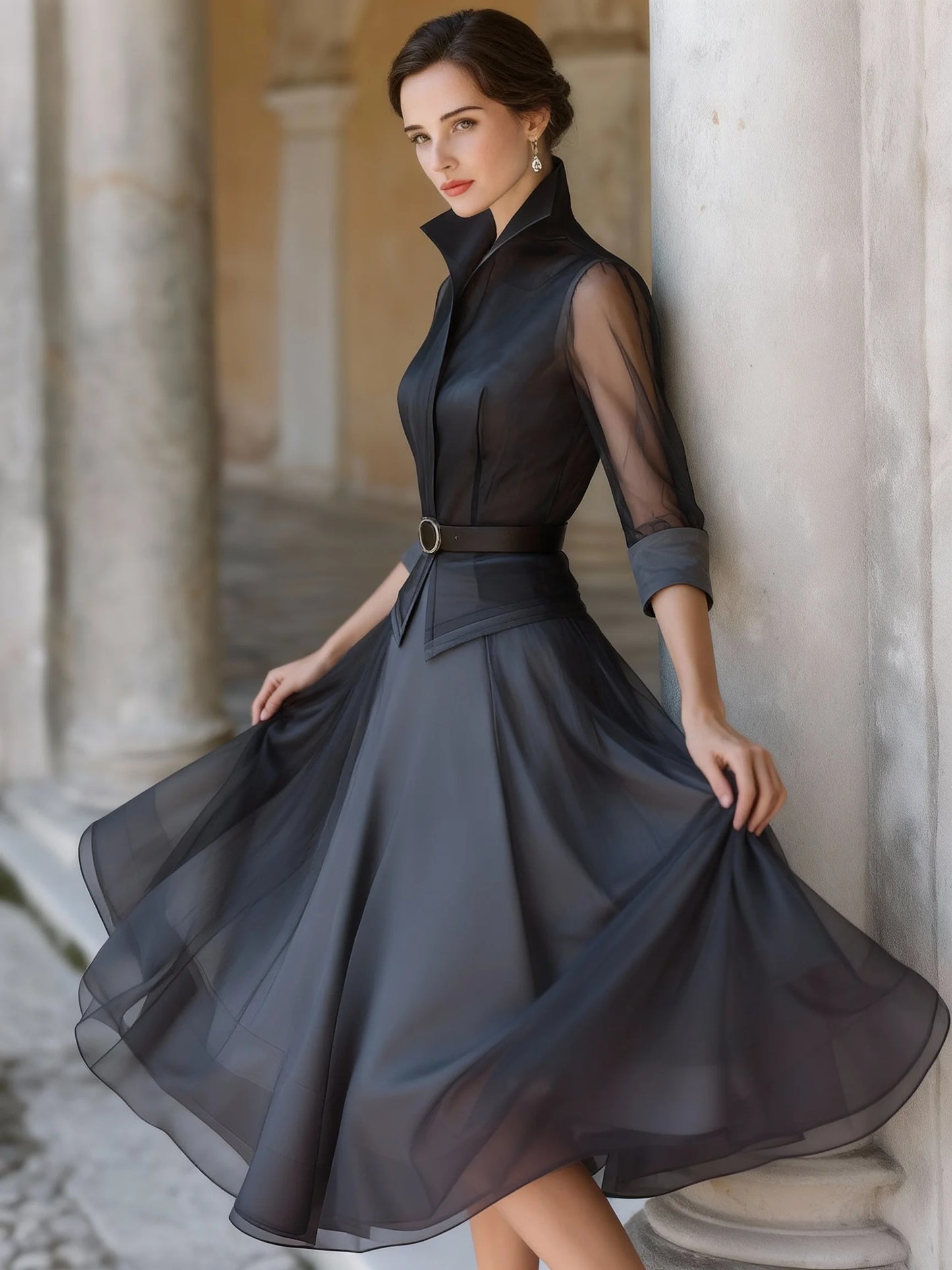 Structured Sheer Sleeve Top & A-Line Skirt Set