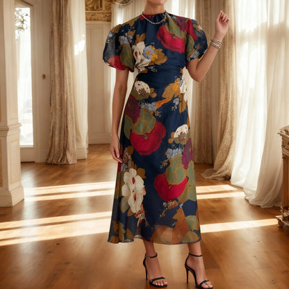 Navy Round Neck Short Sleeve Maxi Dress