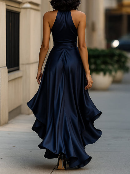 Midnight Elegance Satin Ruffle Gown