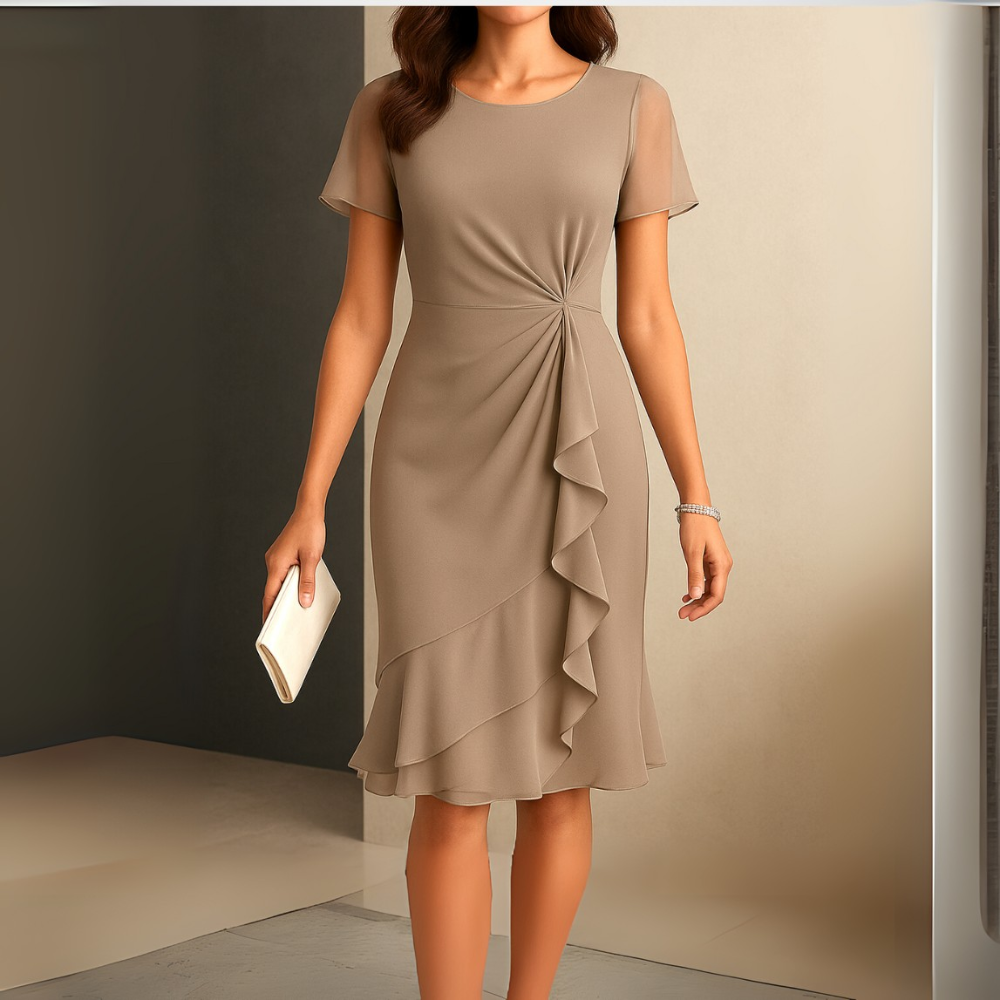 Taupe Round Neck Short Sleeve Ruffled Midi Dress