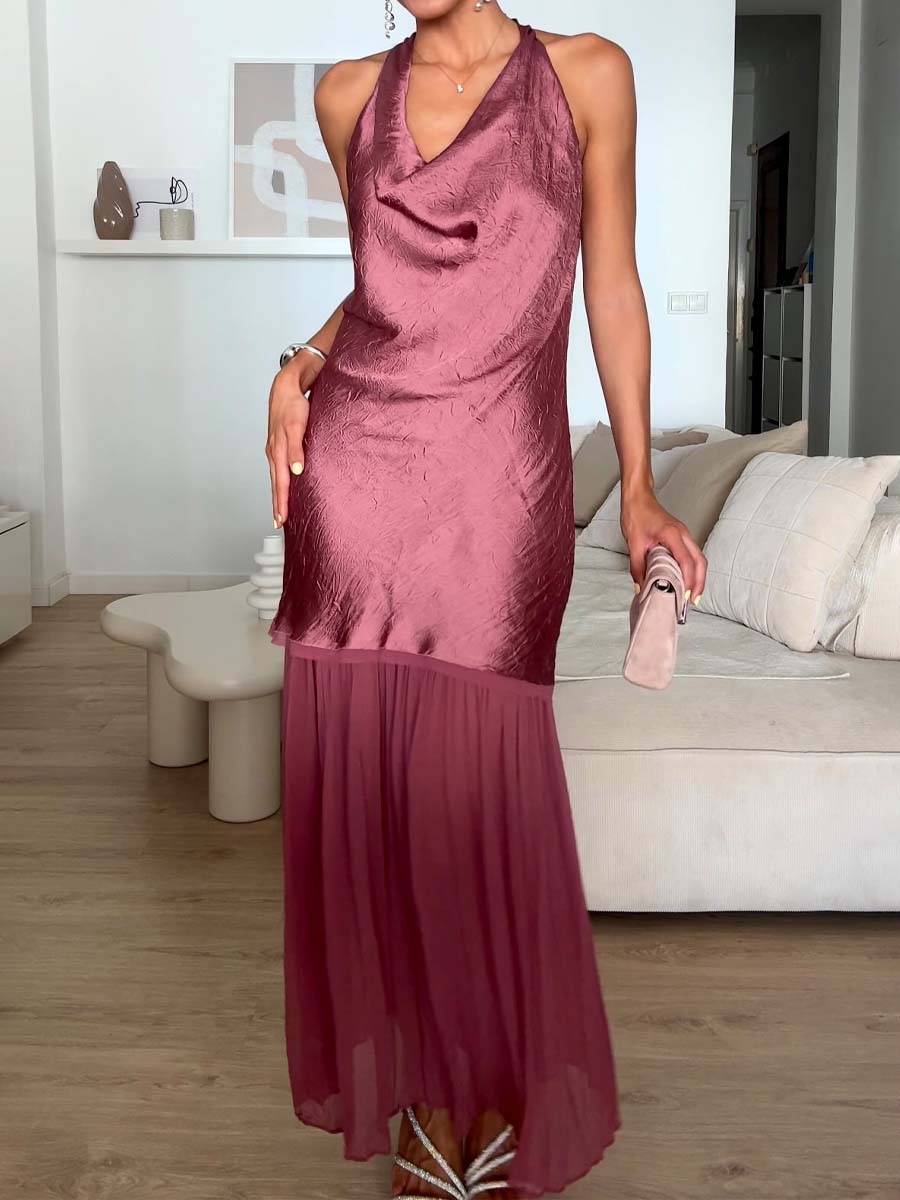 Elegant Sleeveless Patchwork Pleated Hem Dress - WOOLX