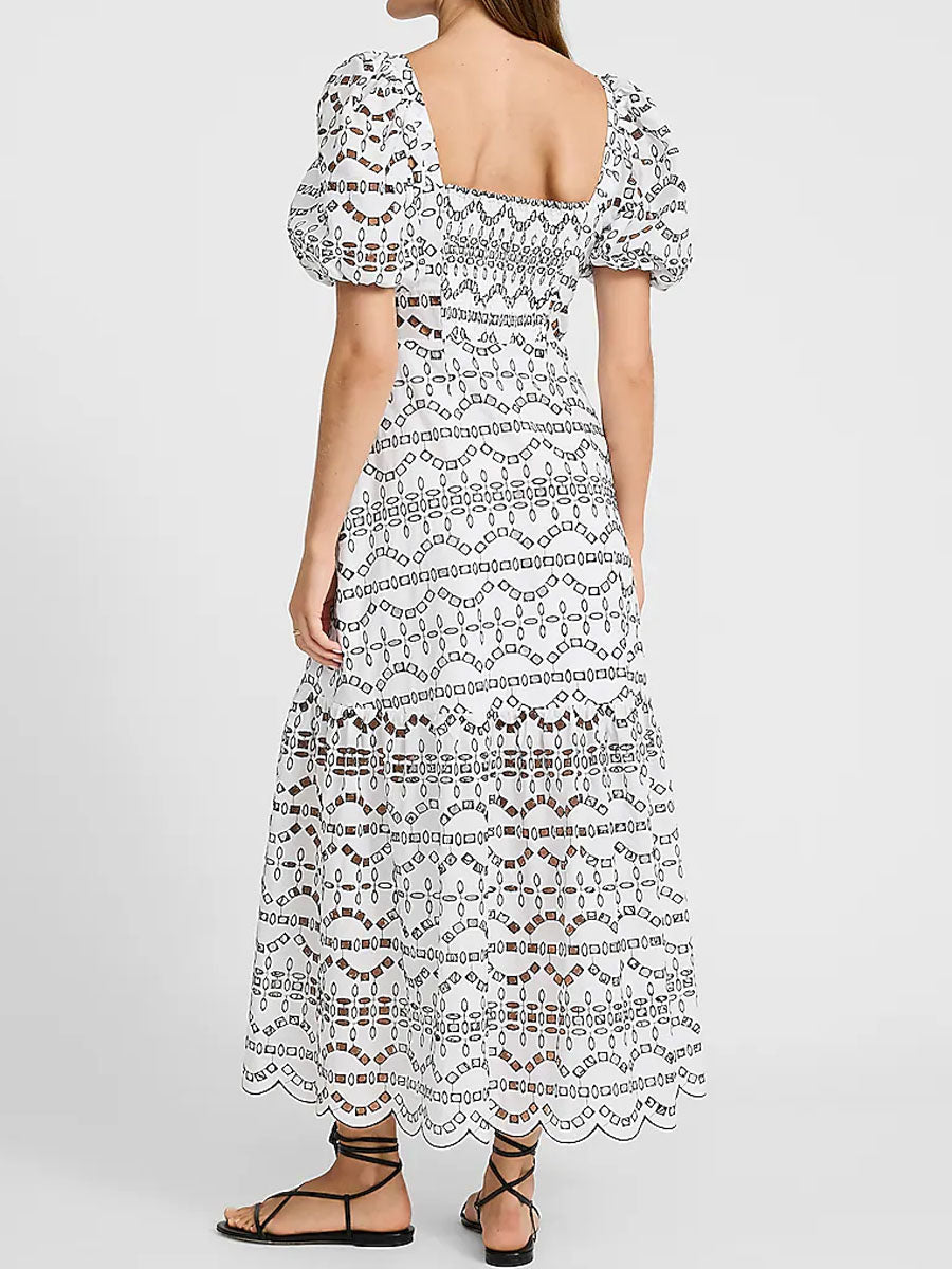Eyelet Puff Sleeve Button Front Tiered Maxi Dress - WOOLX