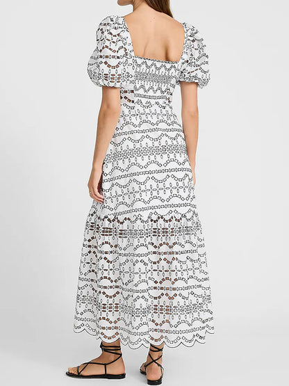 Eyelet Puff Sleeve Button Front Tiered Maxi Dress - WOOLX