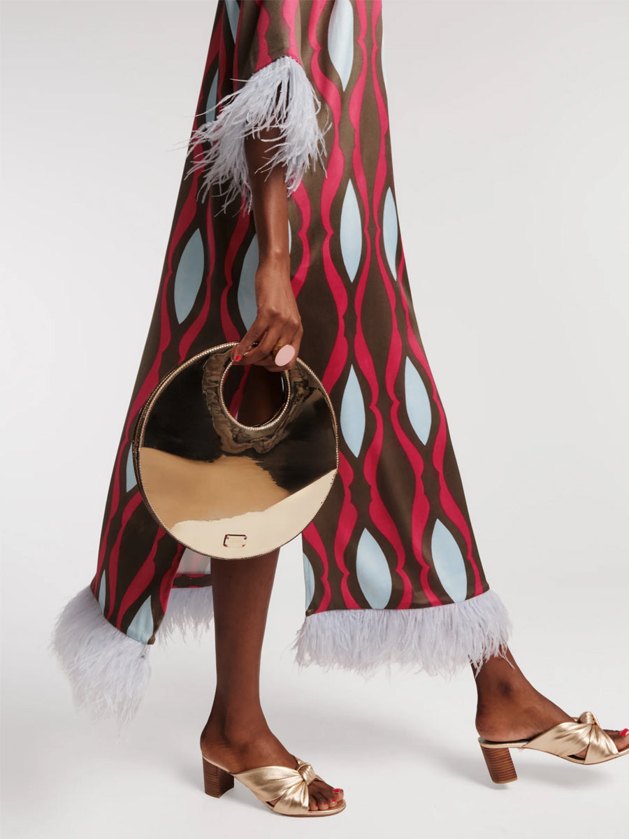 Geometric Print Faux-feather Cuff Maxi Dress - WOOLX