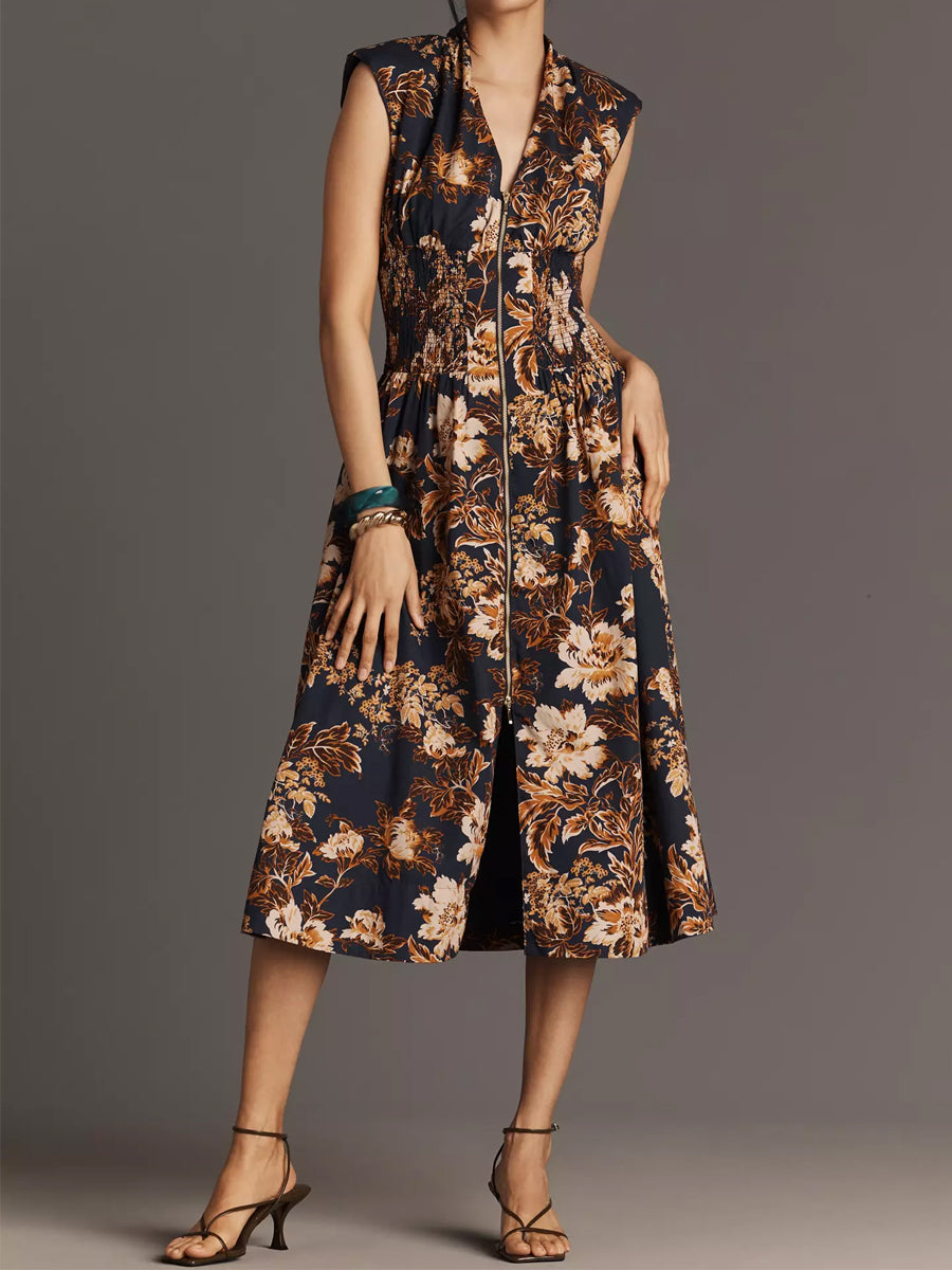 Printed V Neck Zip-Front Midi Dress - WOOLX