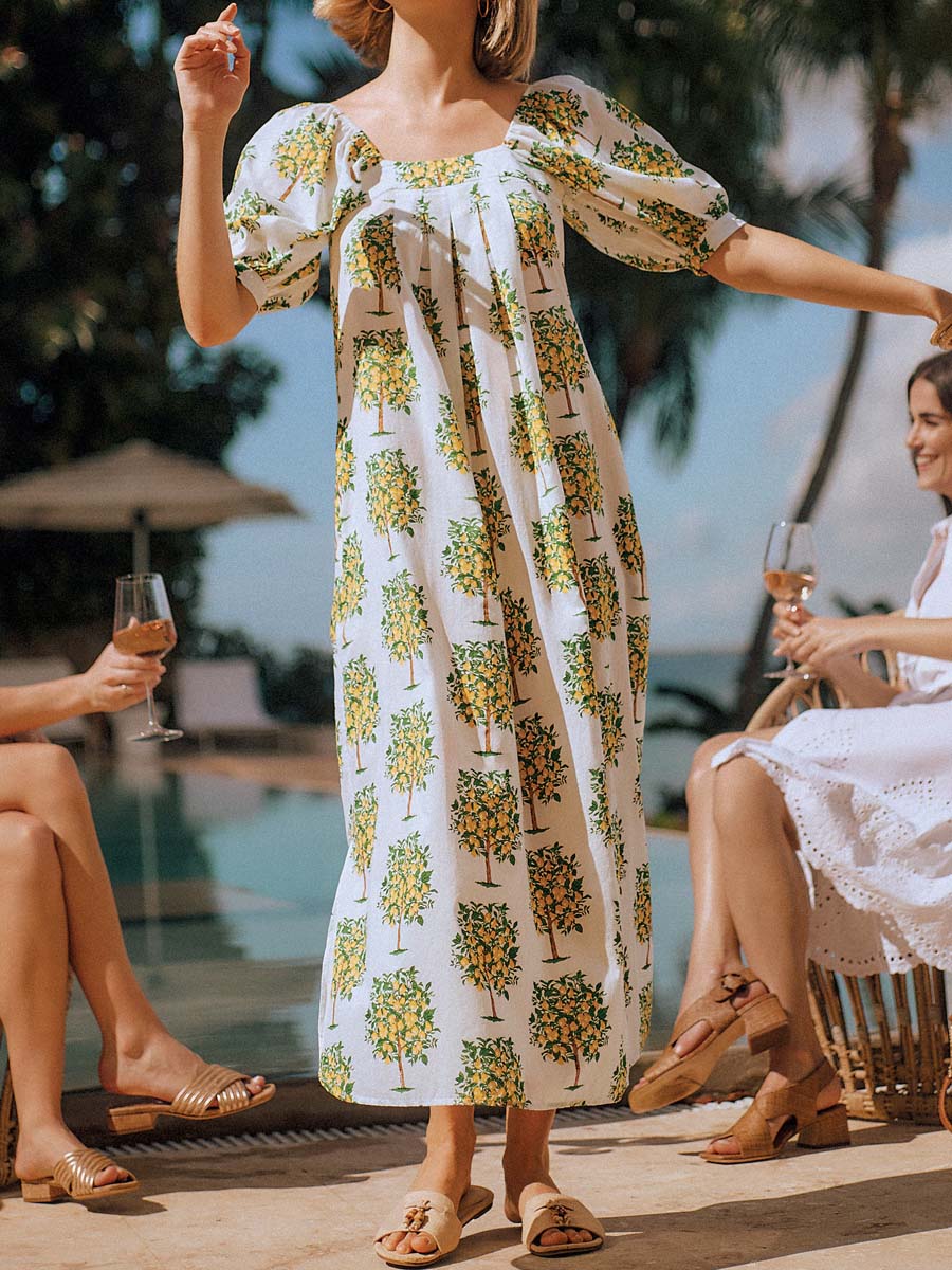 Floral Print Square Collar Loose Dress - WOOLX