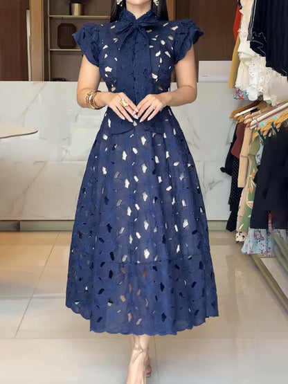 Cutout Lace Bow Elegant Dress - WOOLX