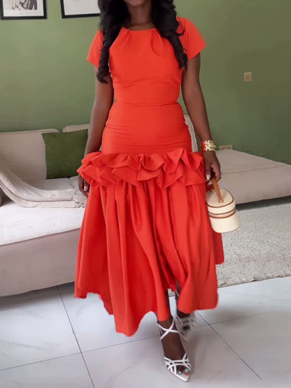 Short Sleeve Flouced Patchwork Dress - WOOLX