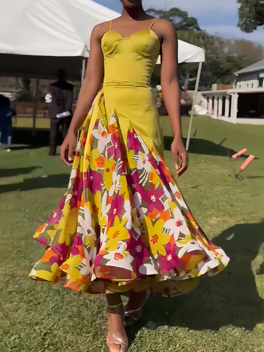 Floral Print Patchwork Sling Dress - WOOLX