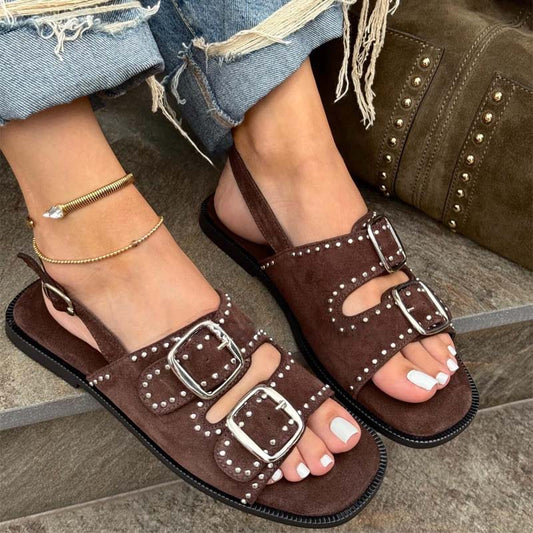 Studded Double Buckle Flat Sandals - WOOLX