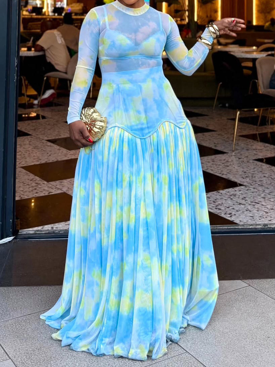 See-through Printed Patchwork Maxi Dress - WOOLX