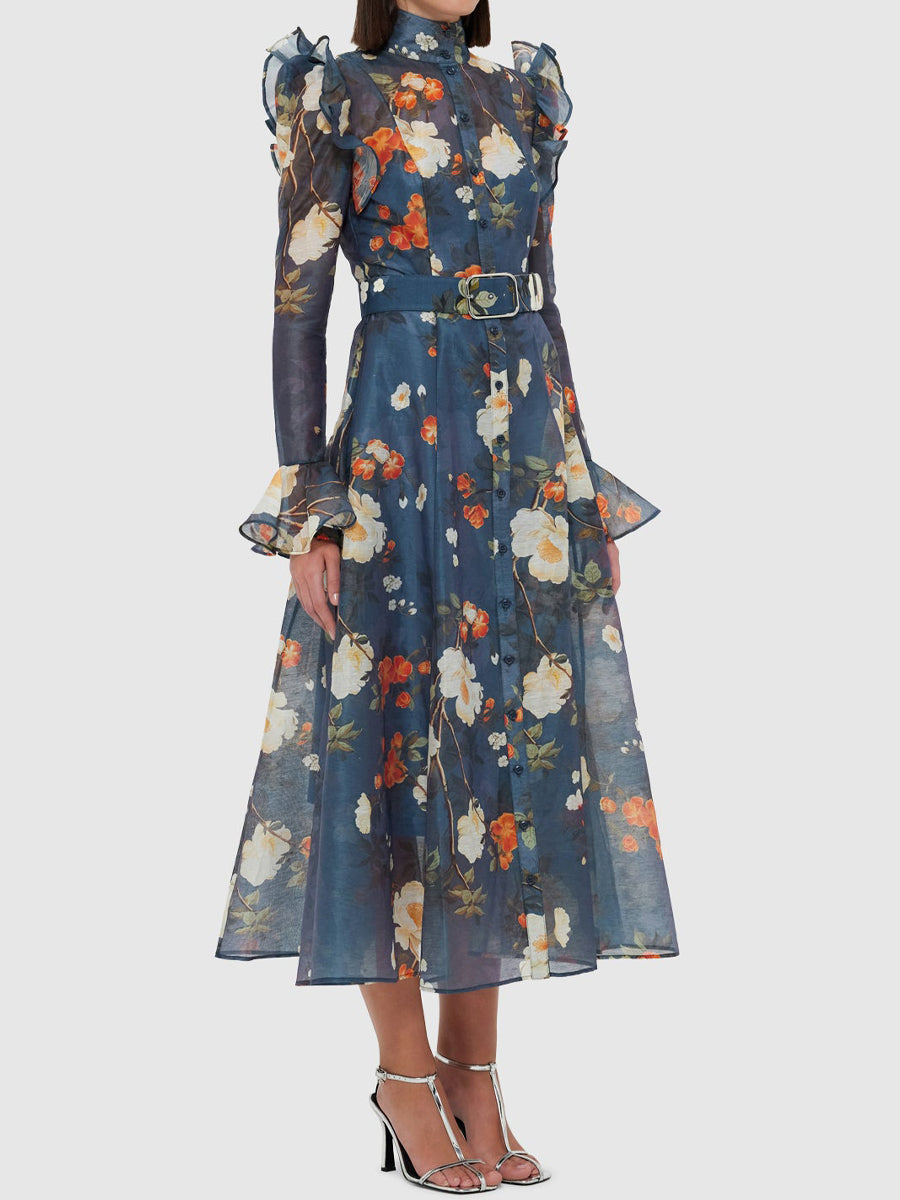 High Collared Neck Printed Ruffled Dress - WOOLX