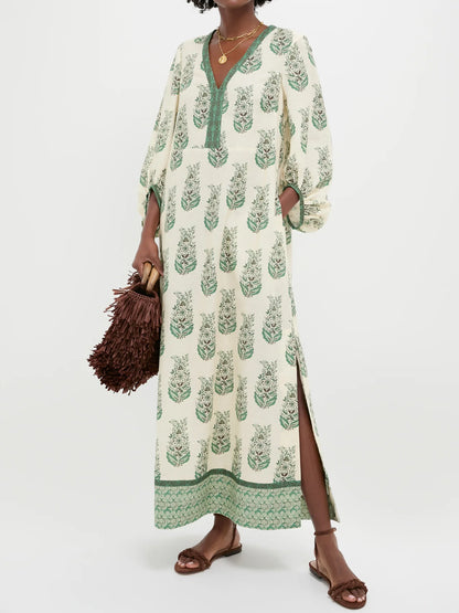 Printed V Neck Balloon Sleeves Dress - WOOLX