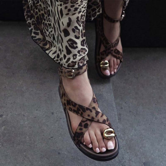 Leopard-Print Thick-Toe Platform-Button Sandals - WOOLX