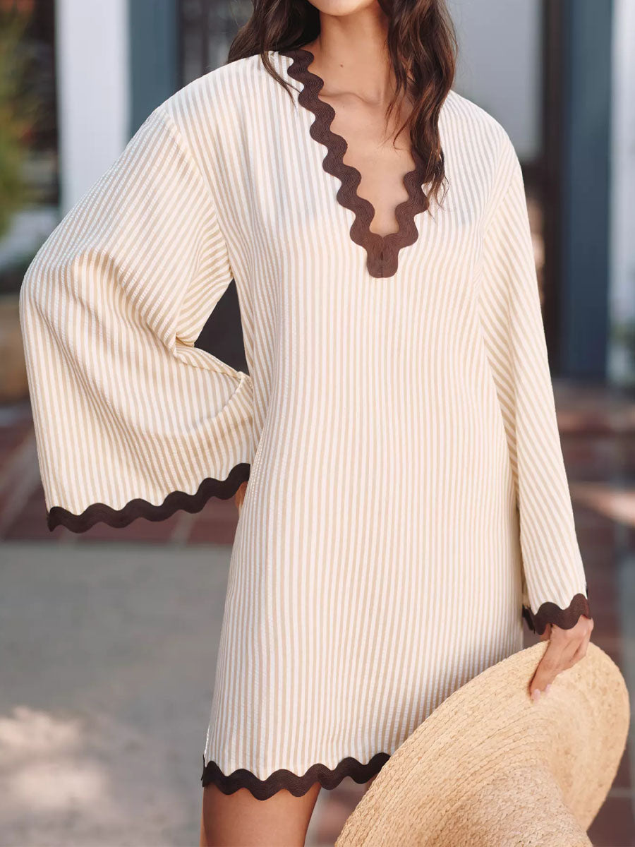 Long Bell Sleeves V-neck Patchwork Dress - WOOLX