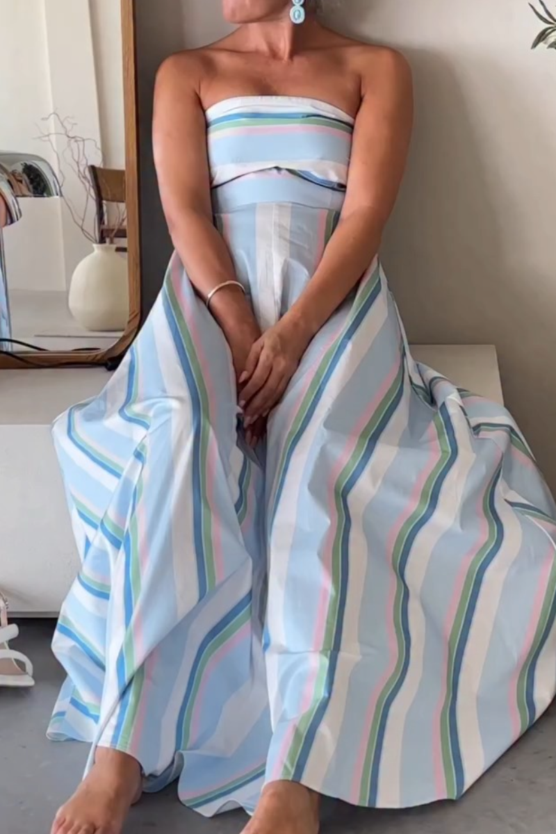 Elegant Pastel Striped Strapless Maxi Dress - WOOLX