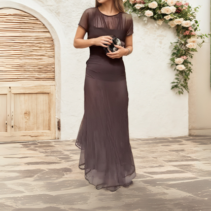 Brown Sheer Mesh Short - Sleeve Maxi Dress